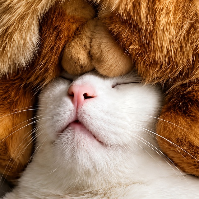 A tiny white cat sleeping snugly under a big fluffy orange cat
